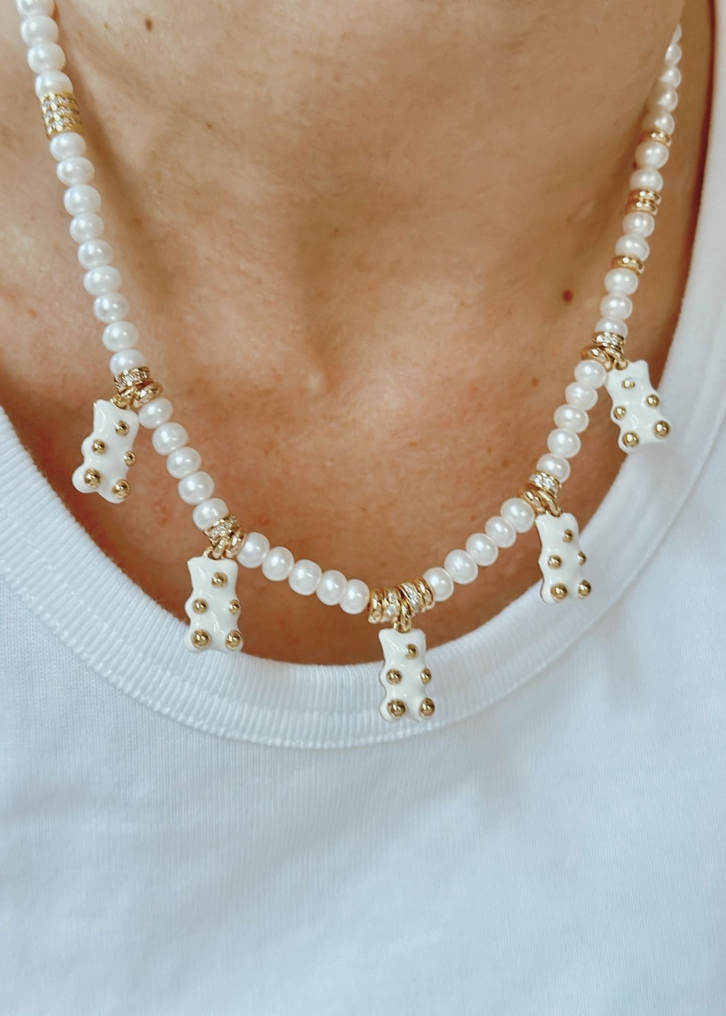 Collier OURSONS blanc et perles naturelles