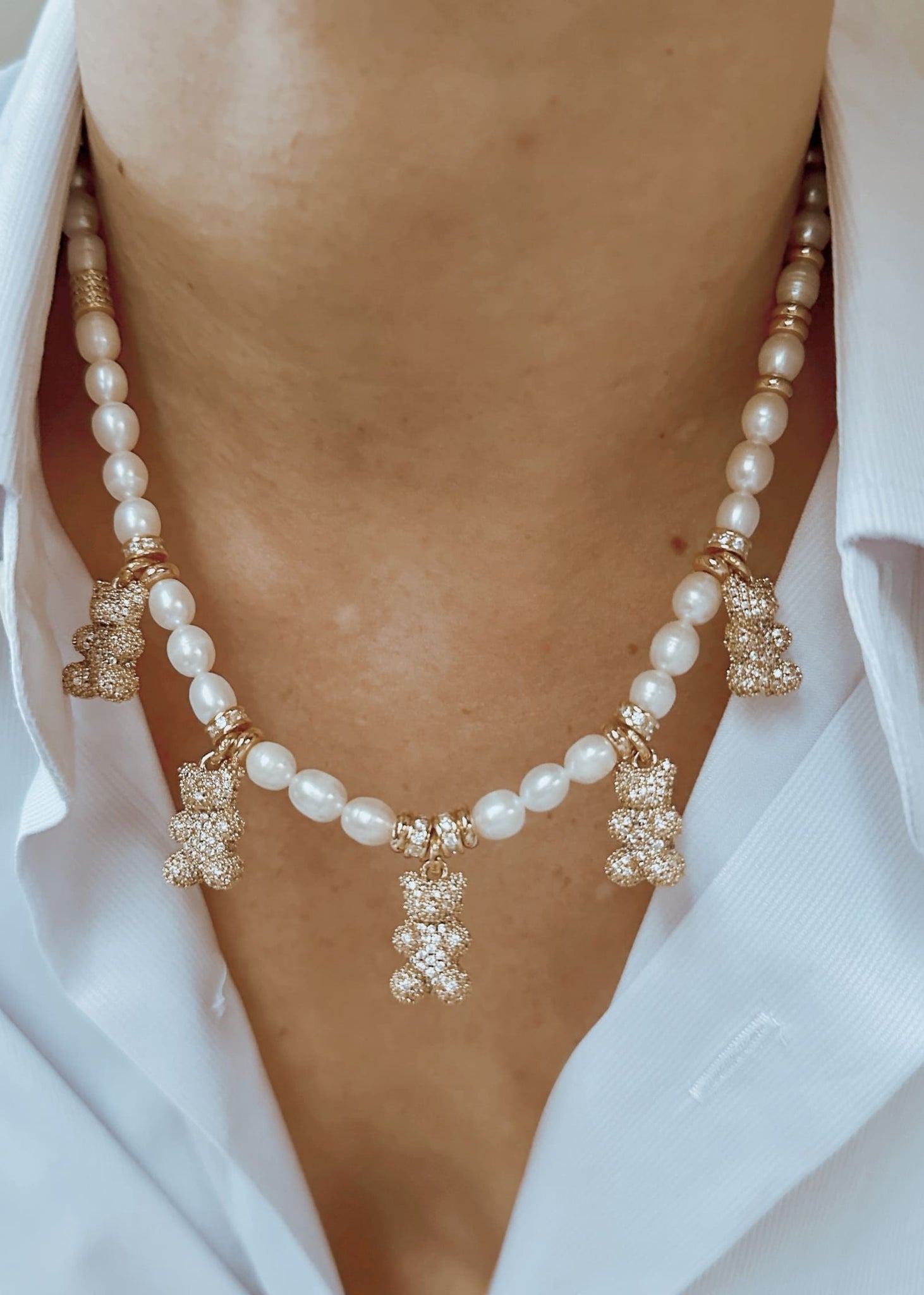 Collier OURSONS blancs scintillants et perles naturelles